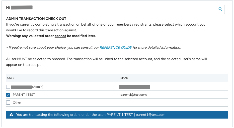 Section de paiement de la transaction d’administrateur dans le panier, avec le compte d’un parent sélectionné et l’avis indiquant le compte sous lequel la commande est enregistrée