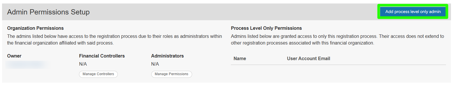 Admin Permissions Setup page with Add process level only admin button highlighted