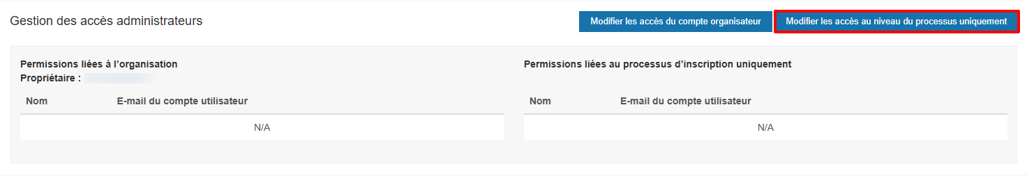 Page de configuration des autorisations administratives avec le bouton Ajouter un administrateur niveau processus seulement en surbrillance