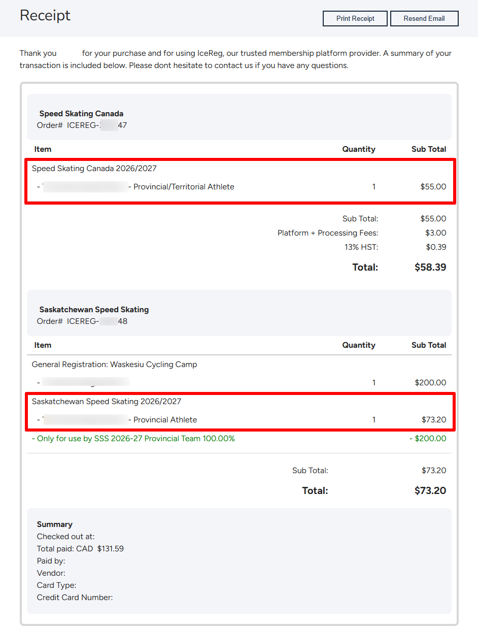 Sample receipt showing cost-split NSO and PTSO membership portions as separate orders