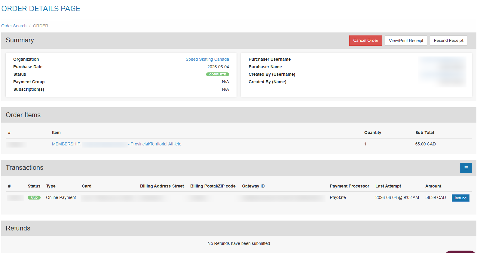 Admin order details page showing the Refund button for the PTSO portion of a cost-split membership