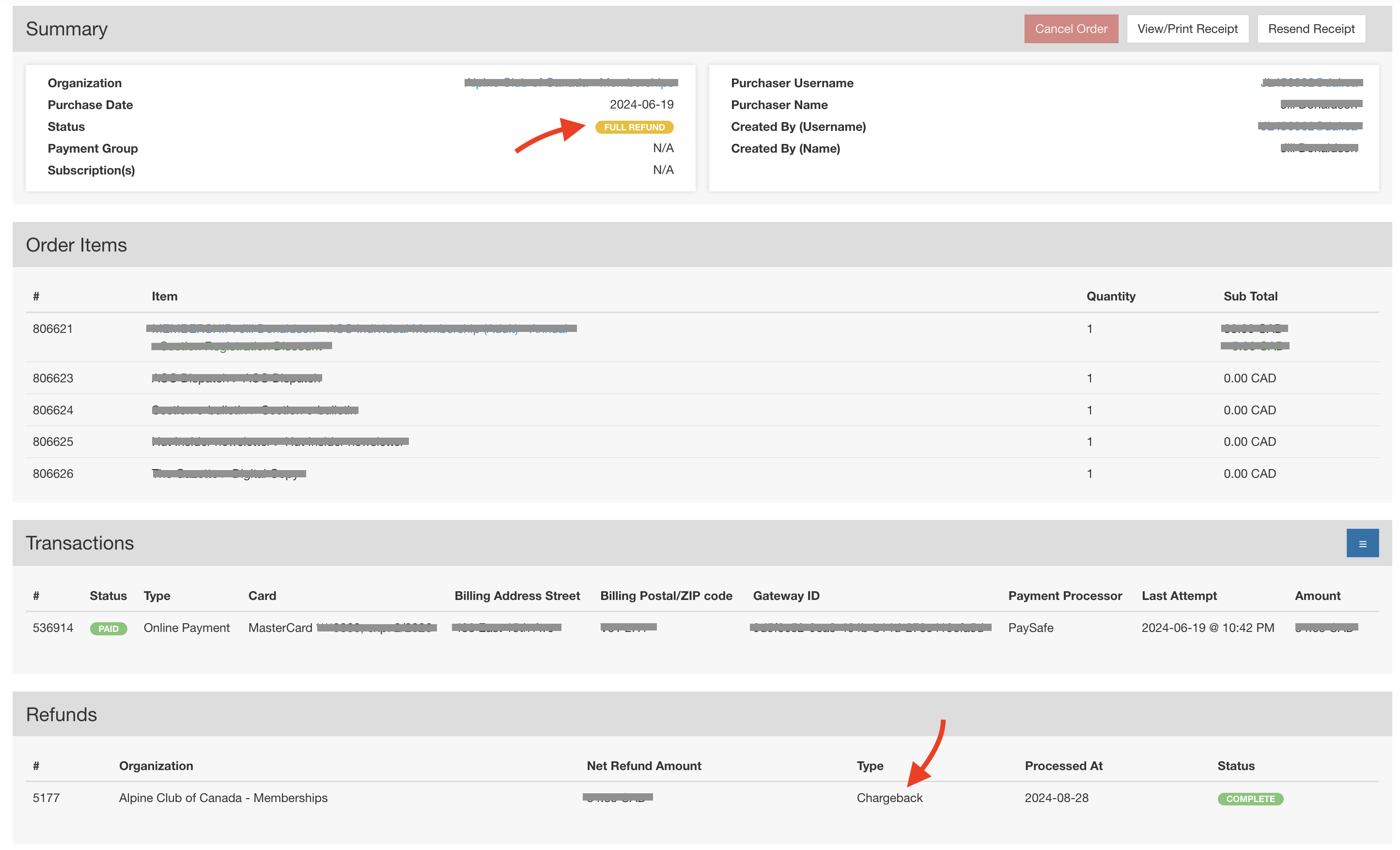 Un remboursement de type rétrofacturation affiché sur une commande dans le portail Uplifter Enterprise