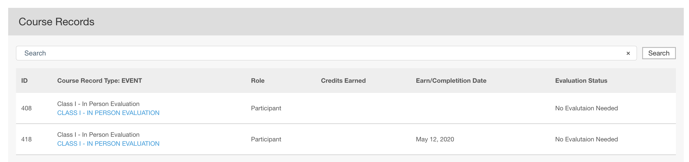 Course Records section of a profile listing the imported record with its completion date