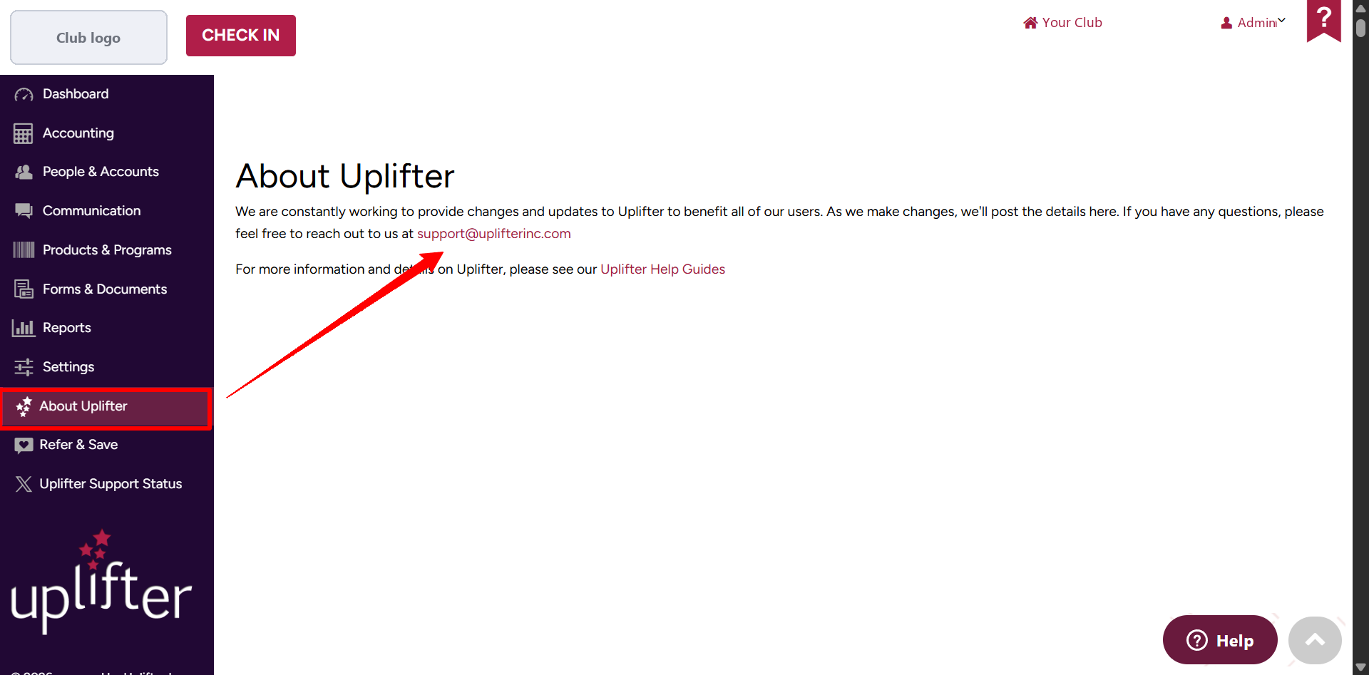 Club 1.0 Admin with About Uplifter selected in the left menu and the support@uplifterinc.com link highlighted