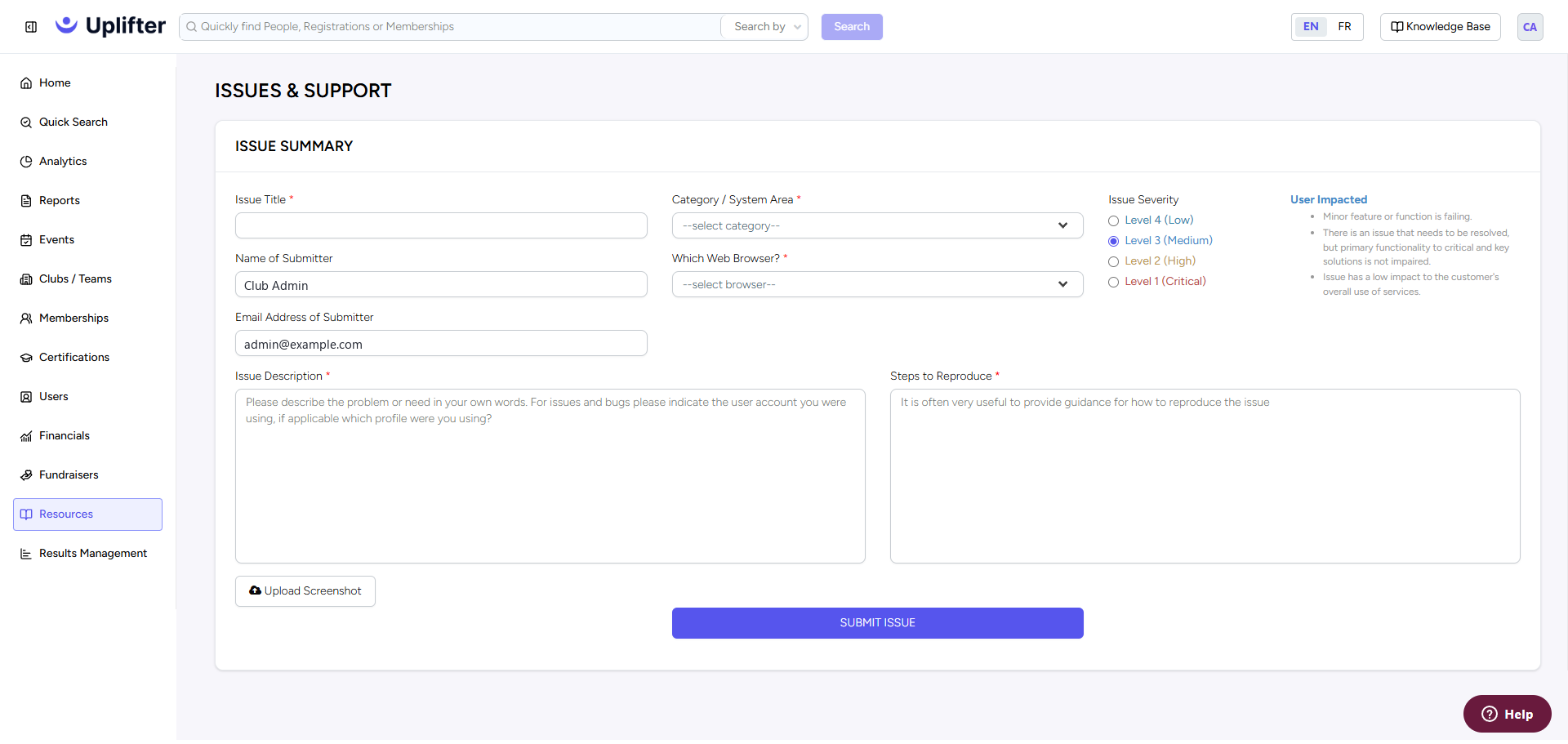Enterprise Portal with Resources selected in the left menu and the Issues & Support form open