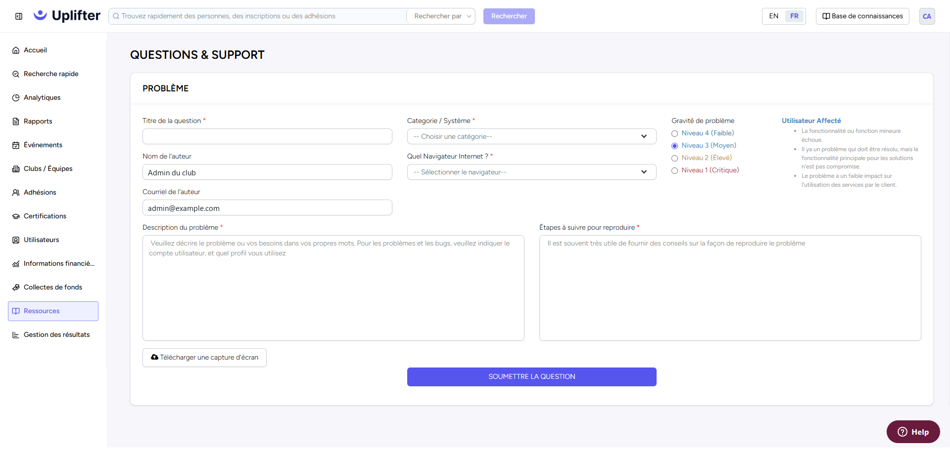 Portail Entreprise avec Ressources sélectionné dans le menu de gauche et le formulaire Questions & Support ouvert