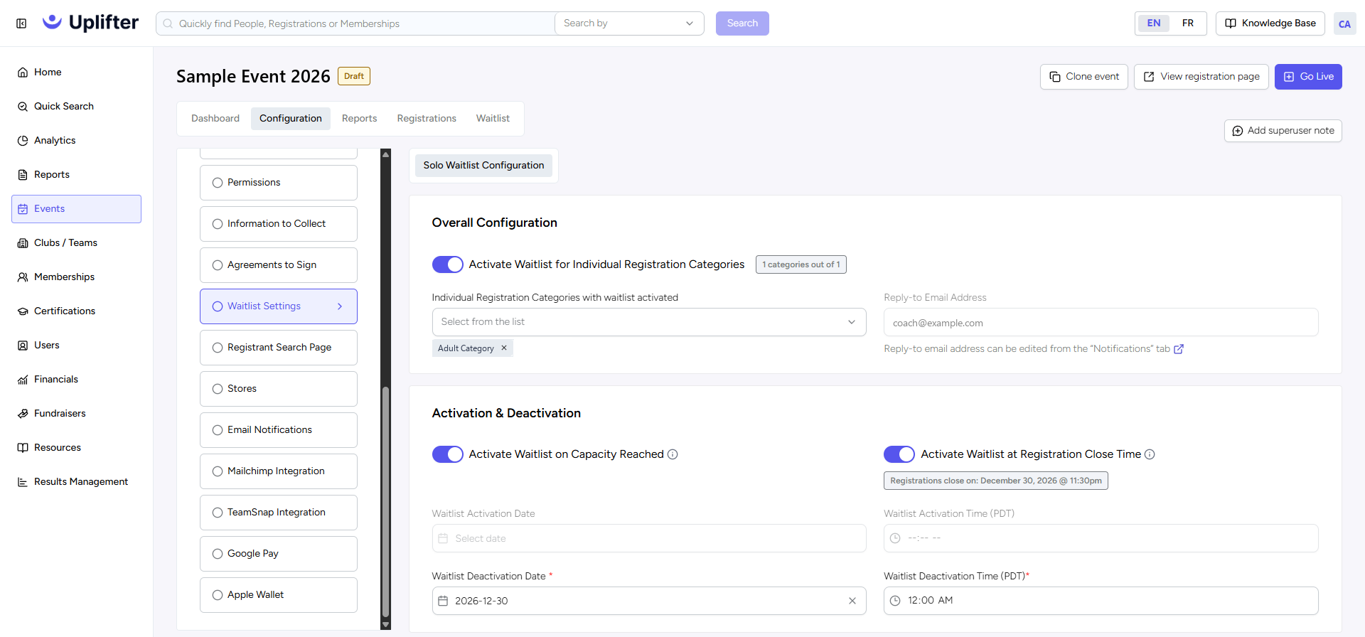 Waitlist Settings on the Event Dashboard, with Overall Configuration and Activation & Deactivation