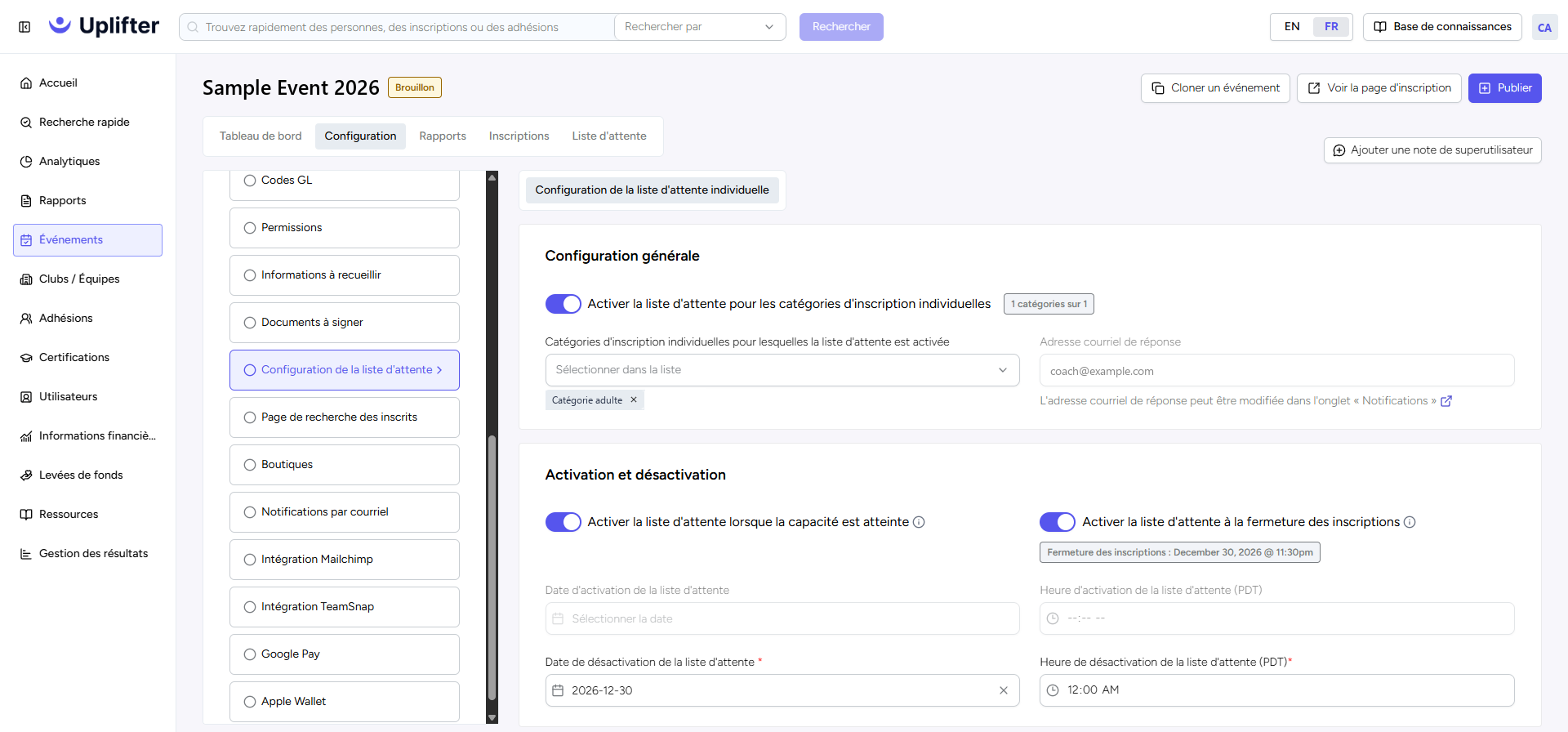 Configuration de la liste d’attente dans le tableau de bord d’événement, avec Configuration générale et Activation et désactivation