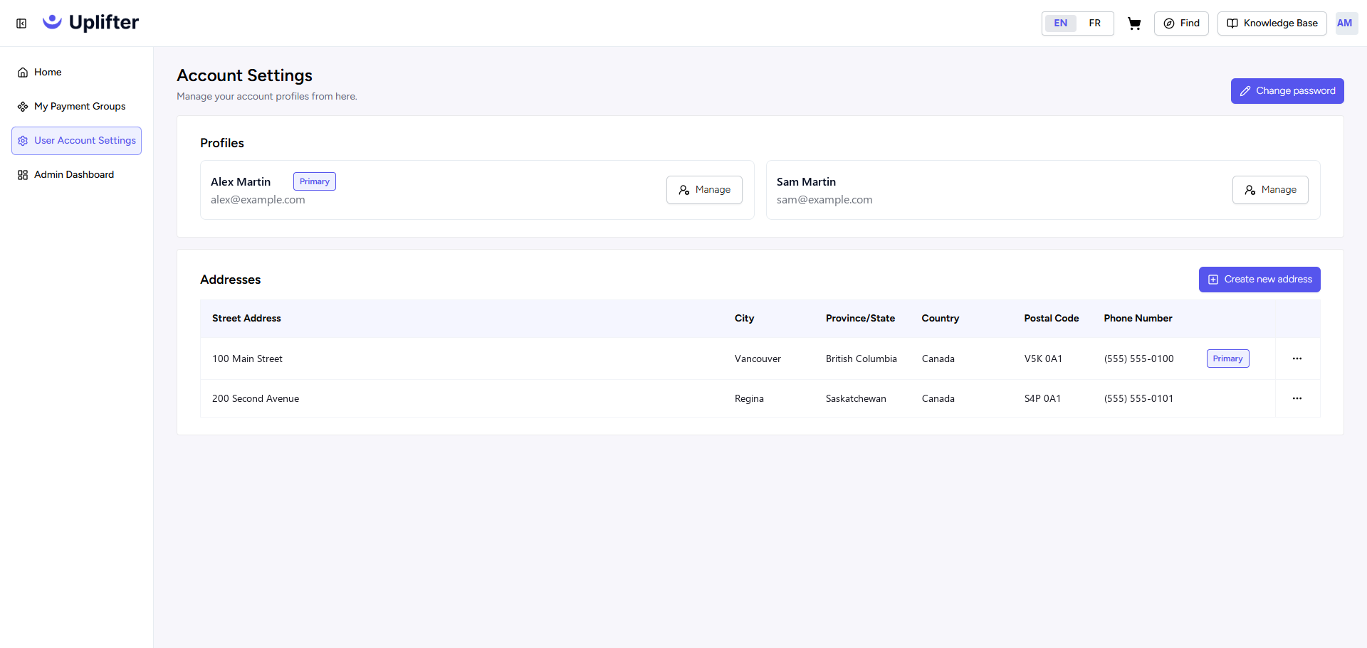 Account Settings, with the Profiles and Addresses sections