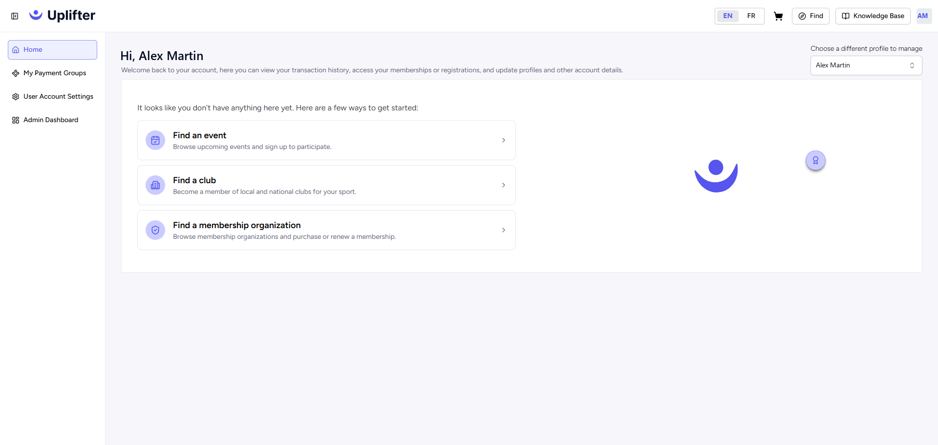 My Pages Home, with the left menu and the Choose a different profile to manage selector