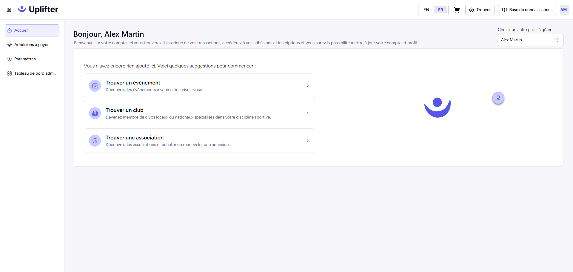 L’accueil de Mes pages, avec le menu de gauche et le sélecteur Choisir un autre profil à gérer