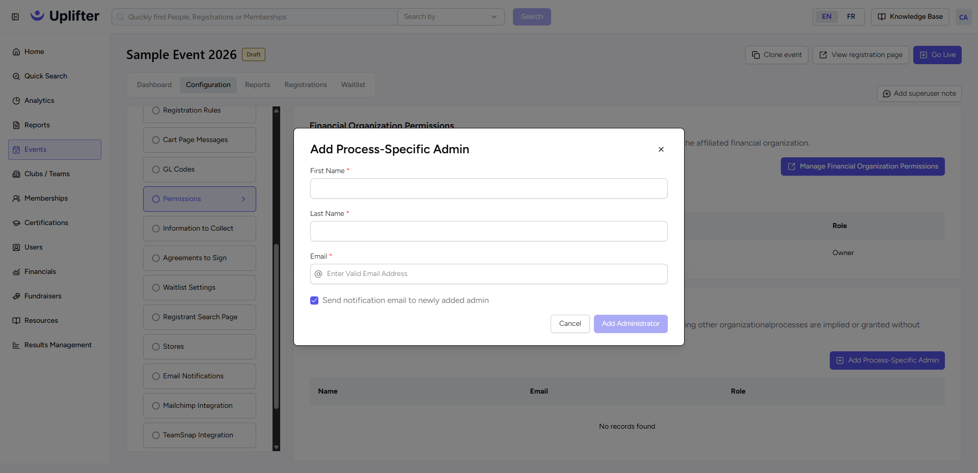Add Process-Specific Admin dialog with First Name, Last Name, Email and the notification email option