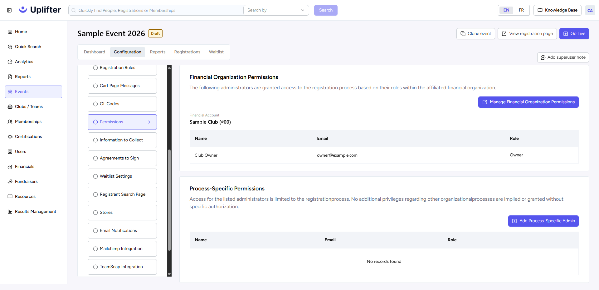 Page Permissions de la configuration d’un tableau de bord d’événement, avec les autorisations de l’organisation financière et les autorisations propres au processus