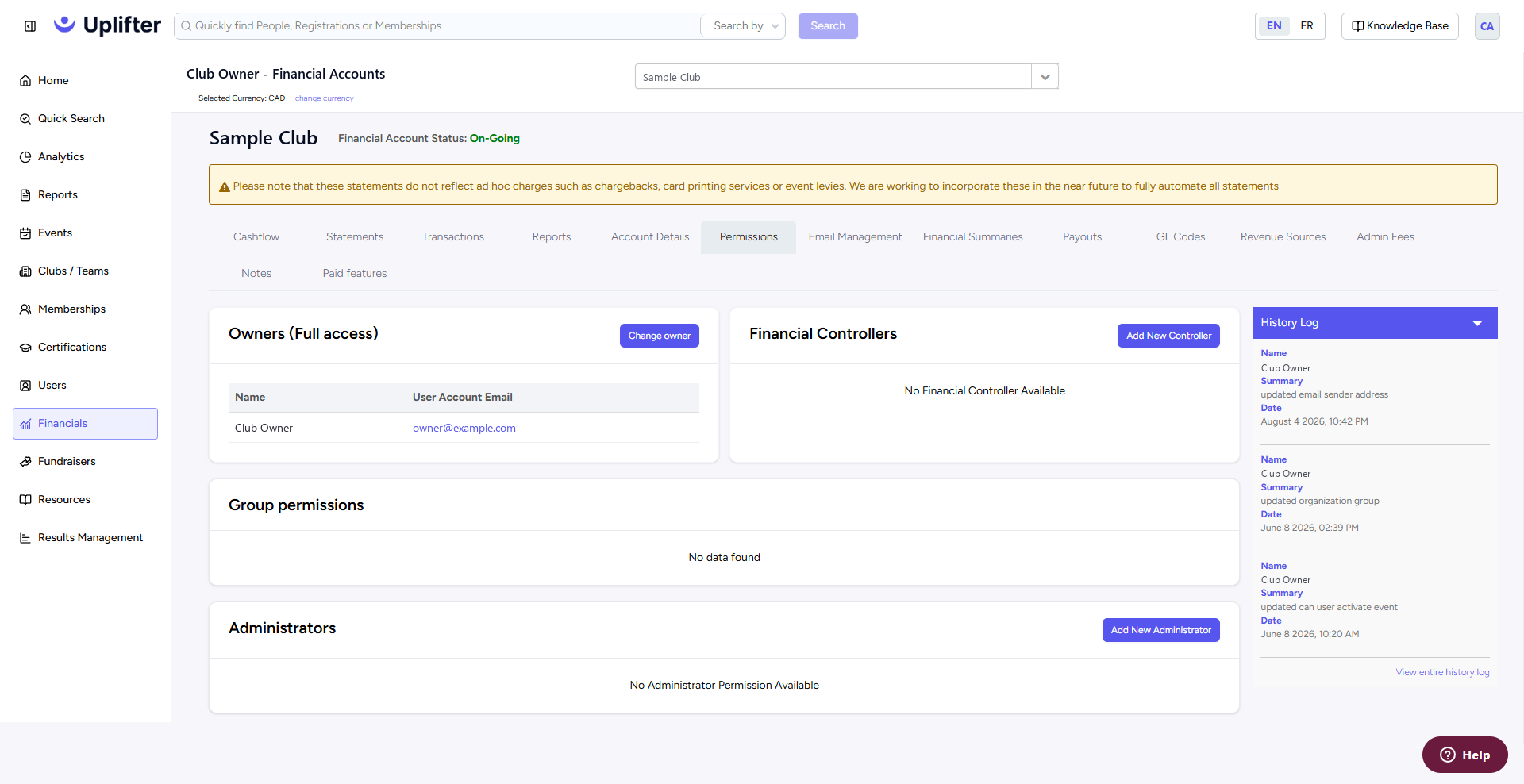 Financials, Accounting, Permissions tab with Owners, Financial Controllers, Group permissions, Administrators and the History Log