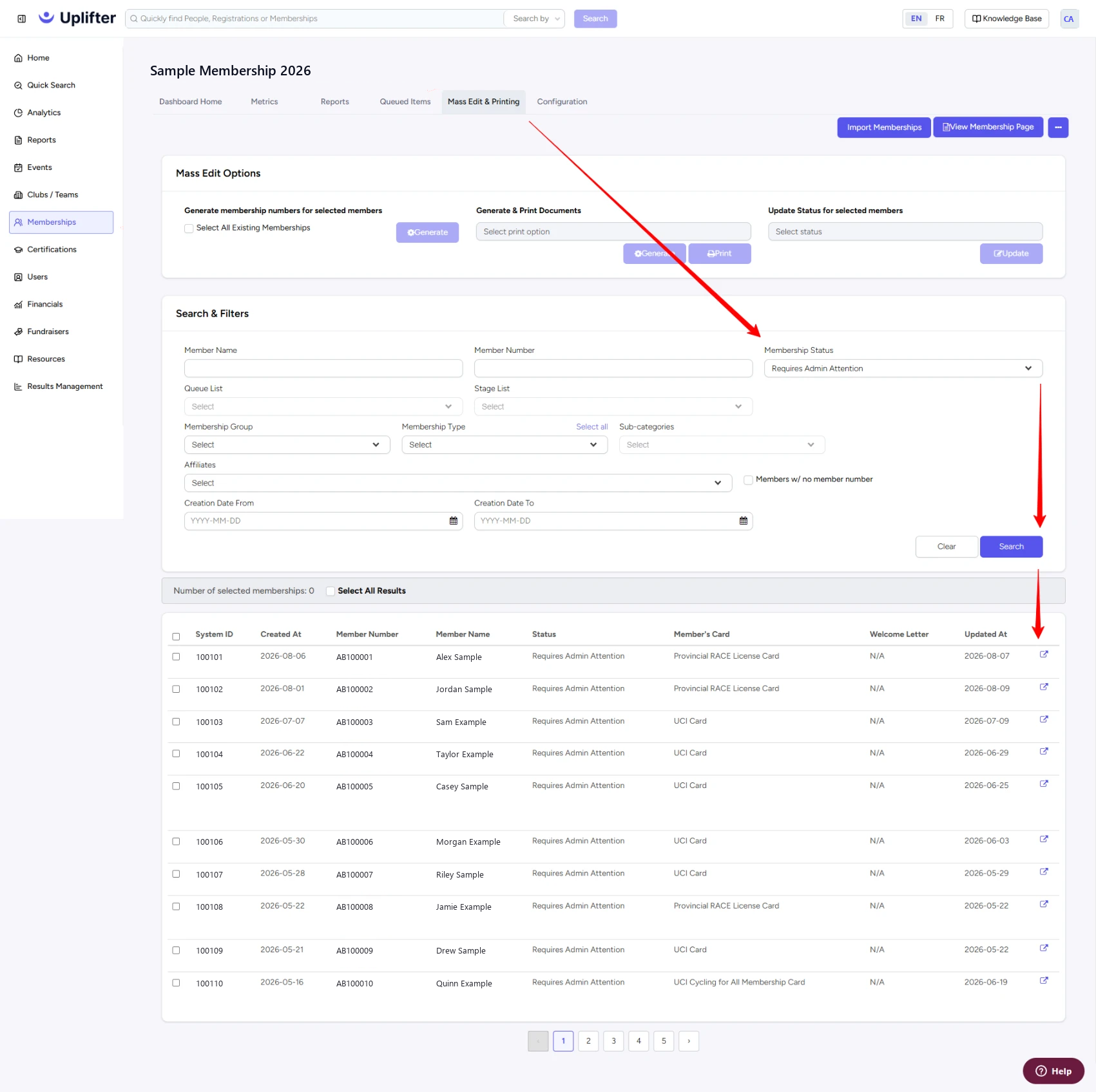Search results listing memberships with the Requires Admin Attention status and an open icon on each row