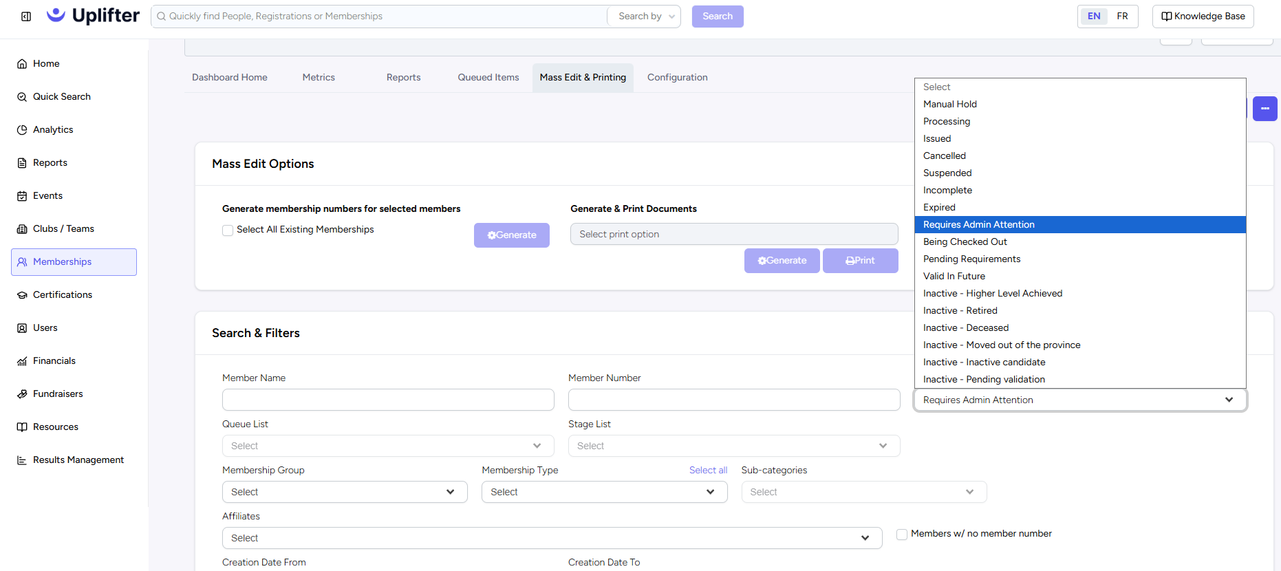Mass Edit & Printing tab with the Membership Status list open and Requires Admin Attention selected