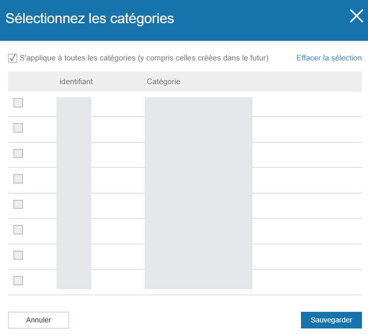 Fenêtre Sélectionnez les catégories avec S’applique à toutes les catégories coché