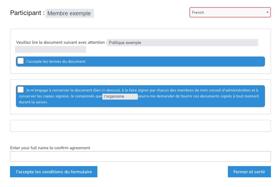 Page de signature montrant des phrases à cocher