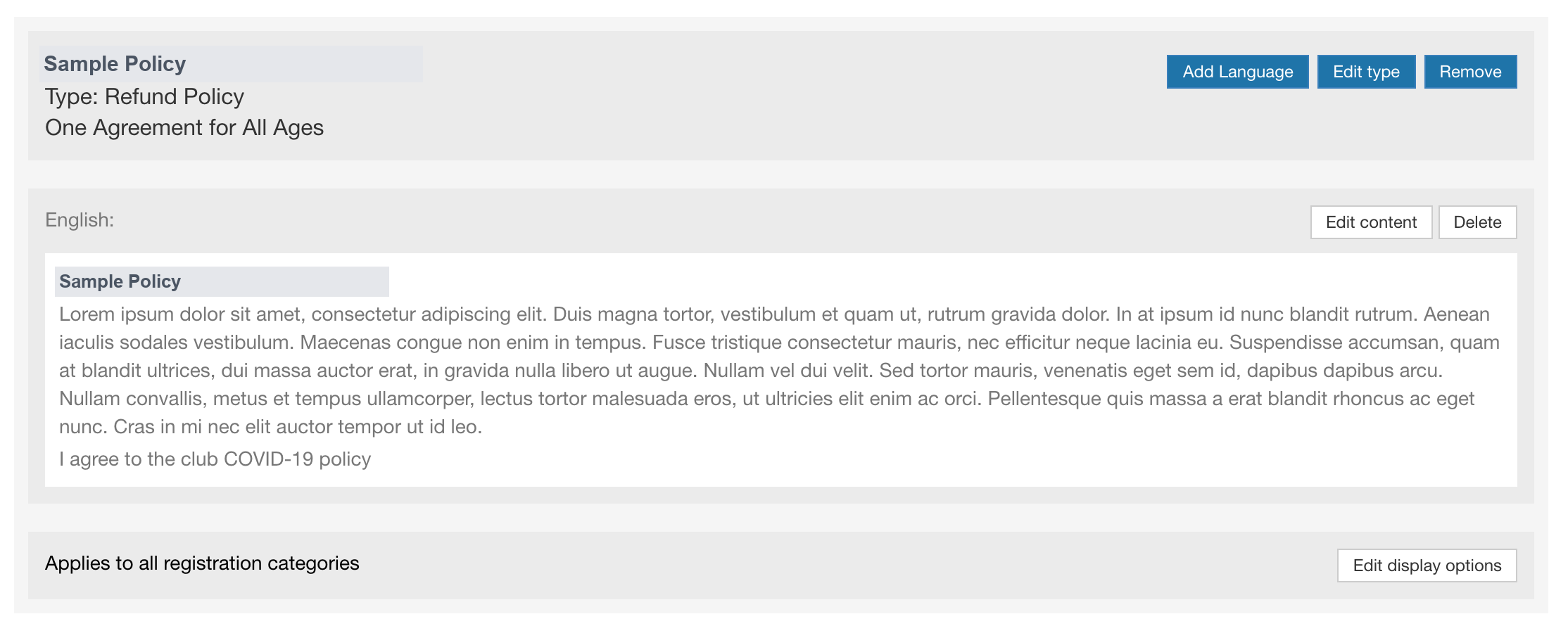 Saved agreement in view mode with Edit content and Edit display options buttons