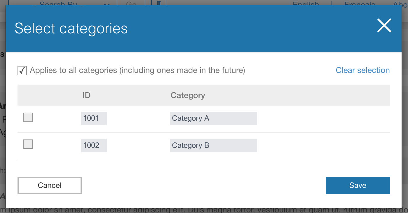 Select categories window with Applies to all categories checked