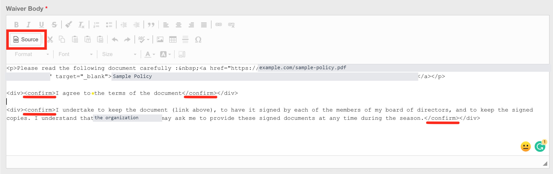 Waiver Body in Source mode with confirm tags around each checkbox sentence