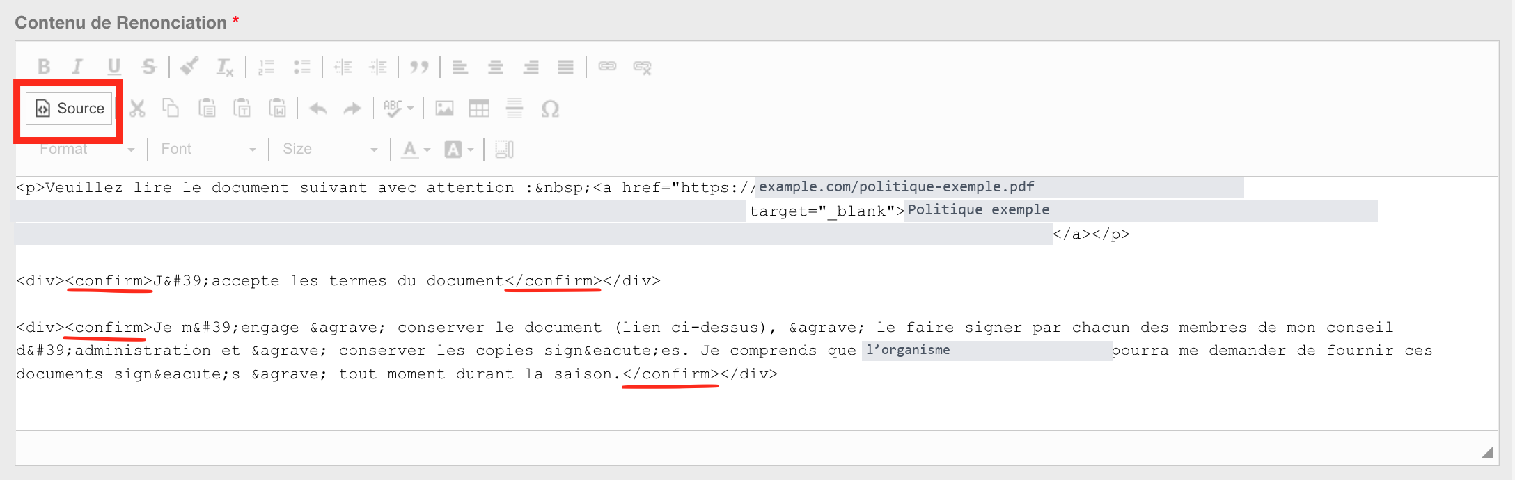 Contenu de la décharge en mode Source avec les balises confirm autour de chaque phrase à cocher