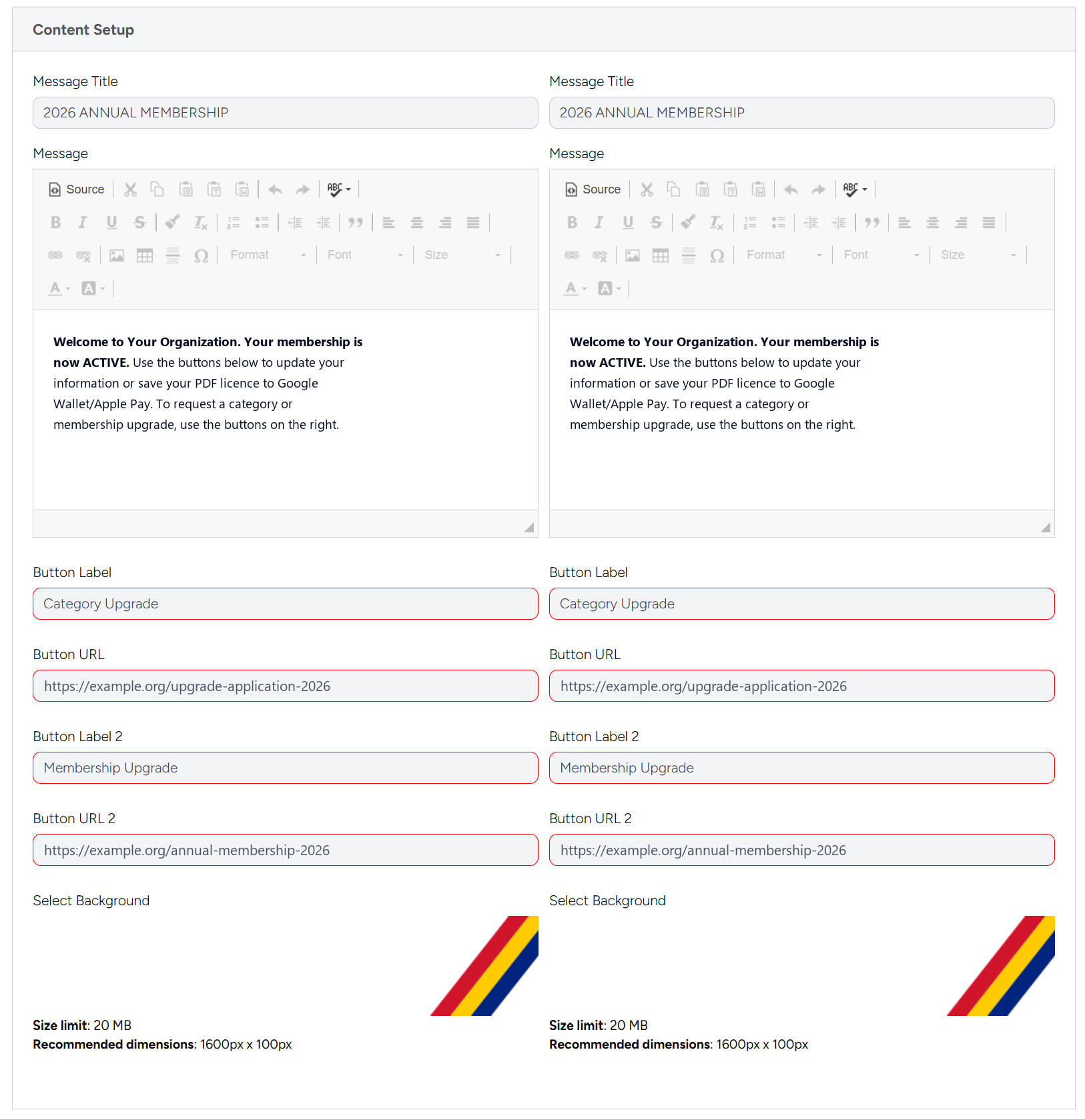 Content Setup with Message Title, Message, two button labels and links, and the background image