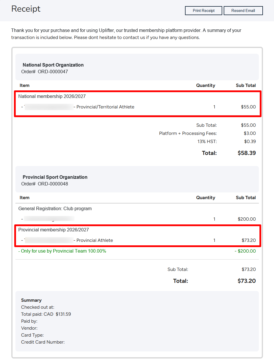 A sample receipt with the national and provincial membership portions as two separate orders, each with its own order number and total