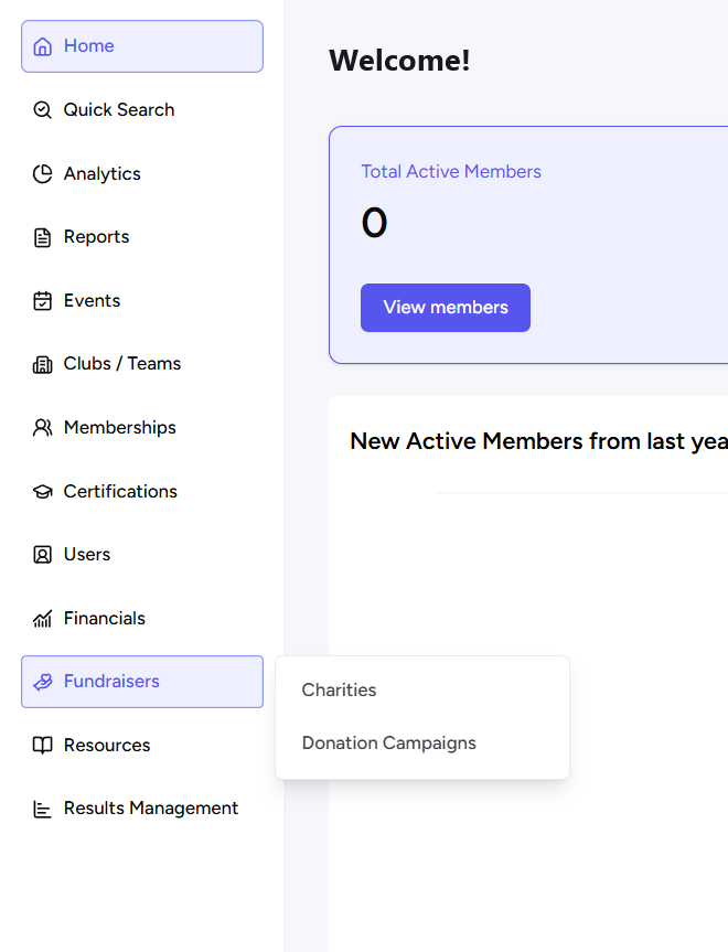 Menu de gauche avec Collectes de fonds ouvert : Charities et Donation Campaigns