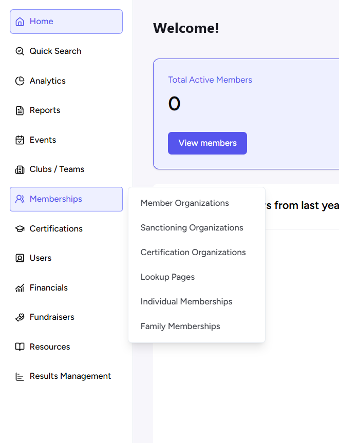 Menu de gauche avec Adhésions ouvert : Member Organizations, Sanctioning Organizations, Certification Organizations, Lookup Pages, Individual Memberships et Family Memberships
