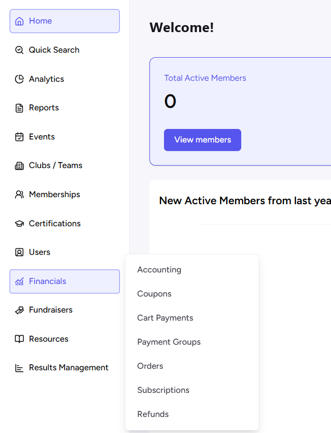 Menu de gauche avec Finances ouvert : Accounting, Coupons, Cart Payments, Payment Groups, Orders, Subscriptions et Refunds