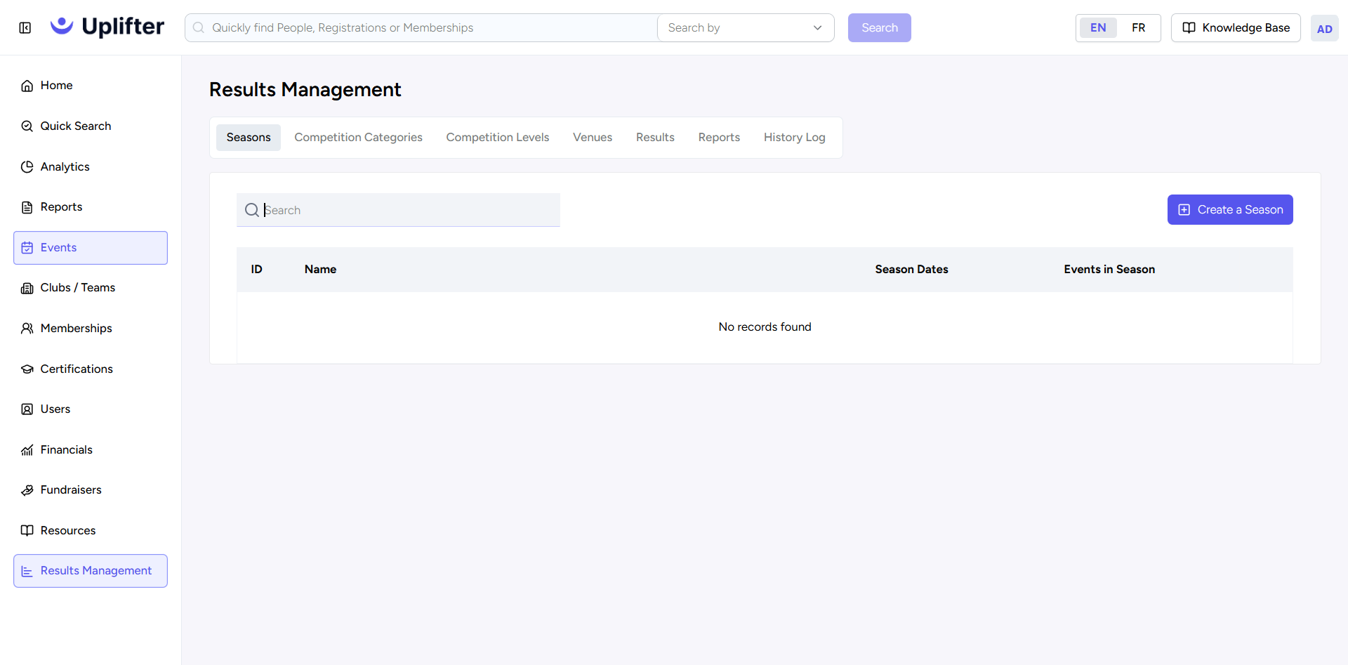 Results Management, Seasons tab with the Create a Season button