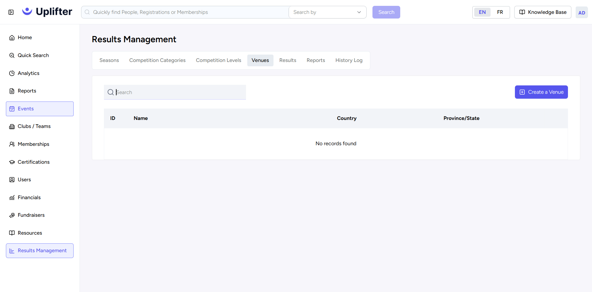 Results Management, Venues tab with country and province or state, and the Create a Venue button