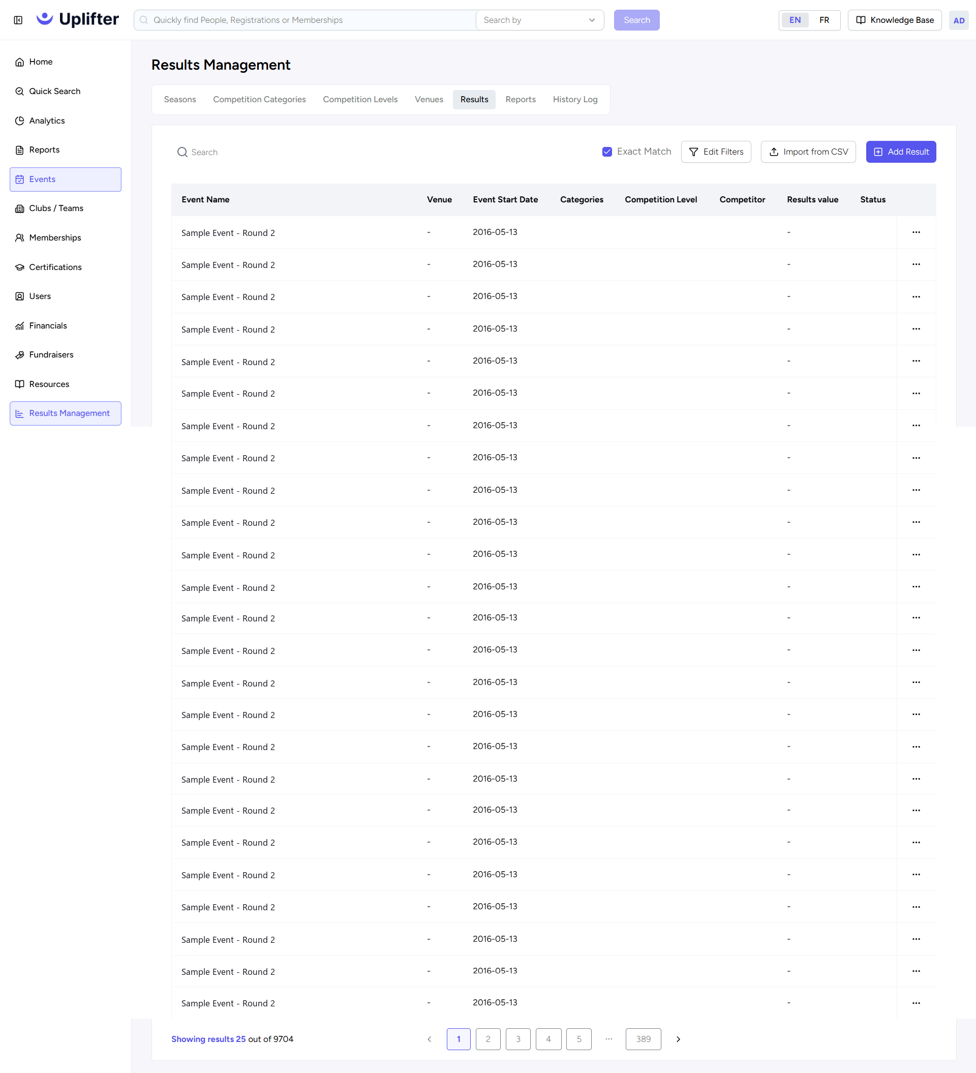 Results Management, Results tab listing results with Import from CSV and Add Result
