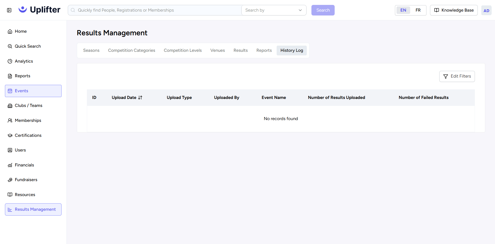 Results Management, History Log tab listing uploads, who made them and how many results failed