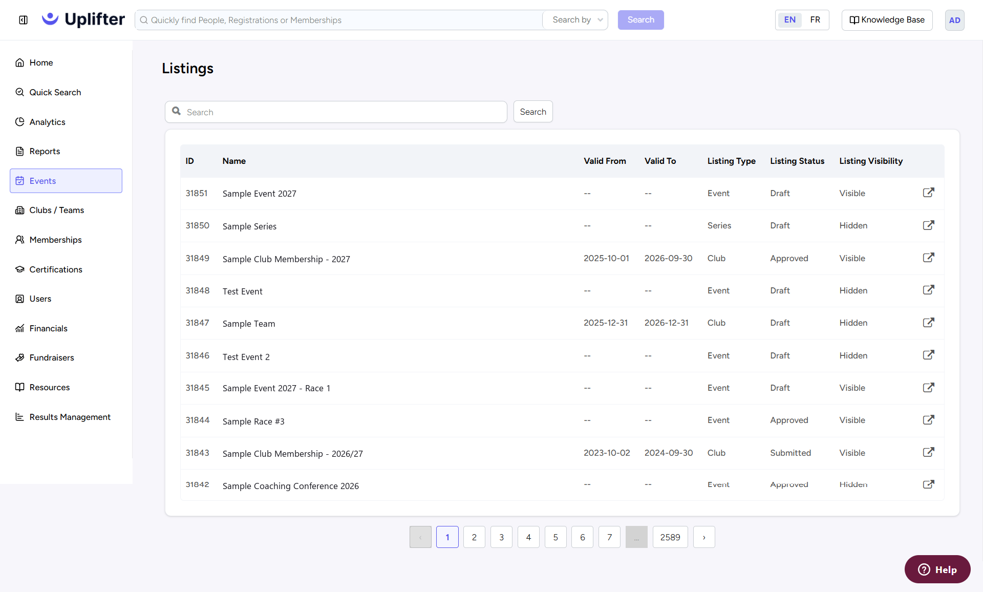 Events, Listings: each listing's ID, name, Valid From and Valid To dates, type, status and visibility
