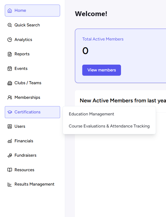 Left menu with Certifications open: Education Management and Course Evaluations & Attendance Tracking