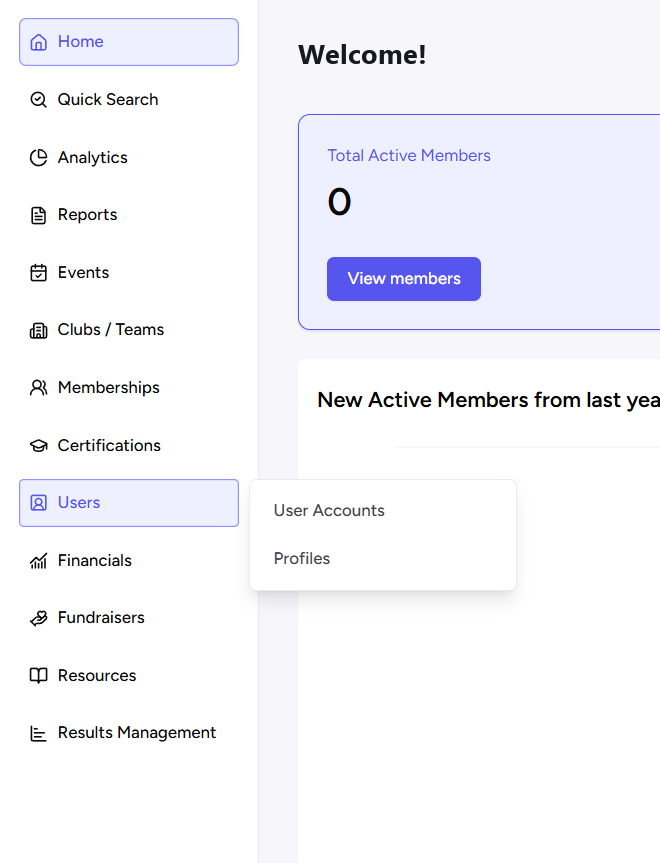 Menu de gauche avec Utilisateurs ouvert : User Accounts et Profiles