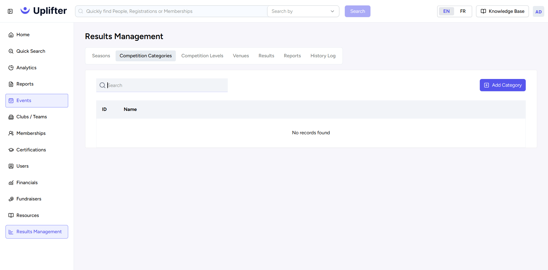 Gestion des résultats, onglet Competition Categories avec le bouton Add Category