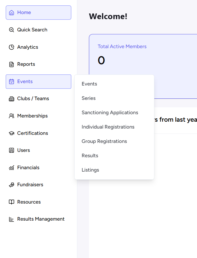 Left menu with Events open: Events, Series, Sanctioning Applications, Individual Registrations, Group Registrations, Results and Listings