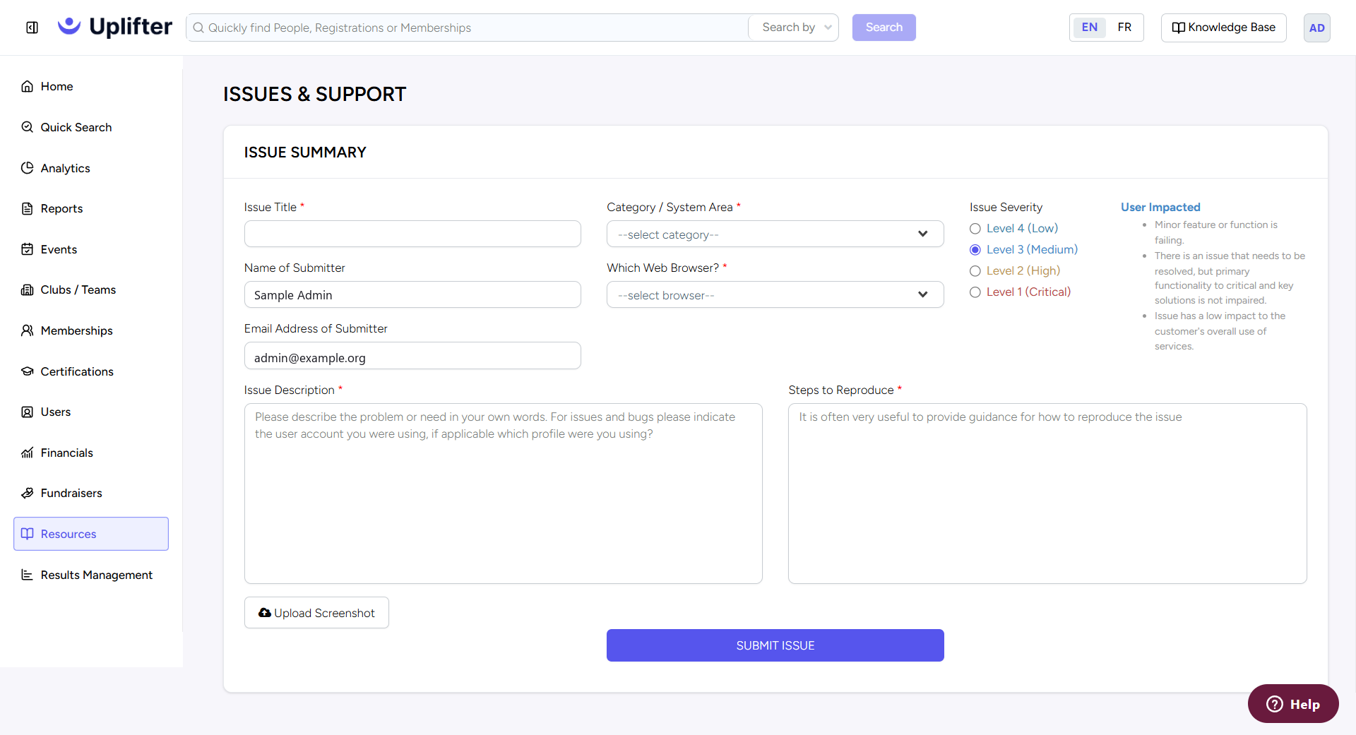 Resources, Issues & Support form: issue title, category, browser, severity, description and steps to reproduce