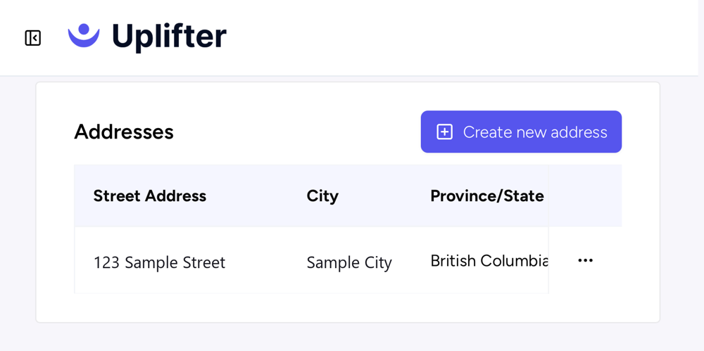 Liste des adresses d’un compte fictif, avec le bouton Create new address et le menu … à côté de l’adresse