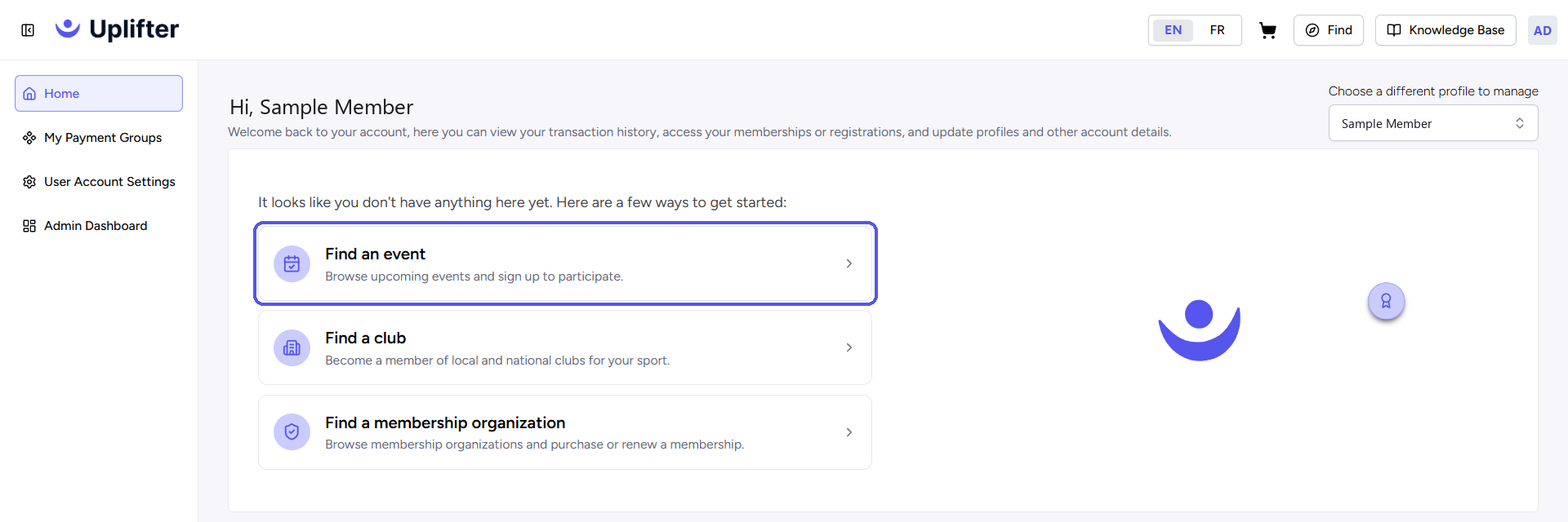 Accueil de Mes pages d’un membre fictif, avec l’option pour trouver un événement mise en évidence au-dessus des options pour trouver un club ou une organisation d’adhésion
