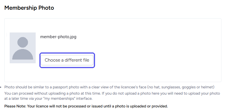 Membership Photo section of a sample membership in My Pages, with the Choose a different file button highlighted and the passport-photo guidance below it