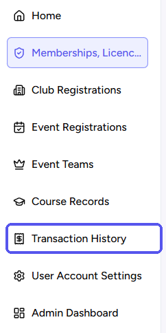 My Pages menu with Transaction History highlighted, below Course Records and above User Account Settings