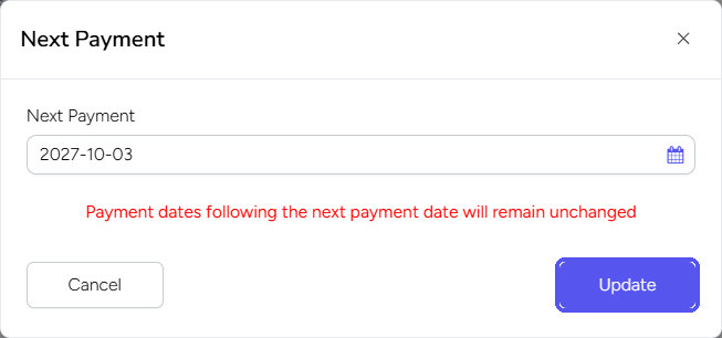 Next Payment window with a date picker, the note that later payment dates stay unchanged, and the Update button highlighted