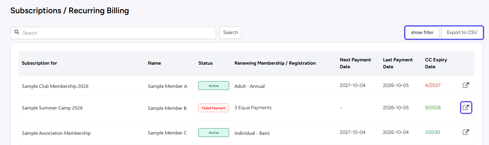 Liste Subscriptions / Recurring Billing avec des abonnements types, dont un en Failed Payment, avec les boutons show filter et Export to CSV et une icône d’ouverture mis en évidence