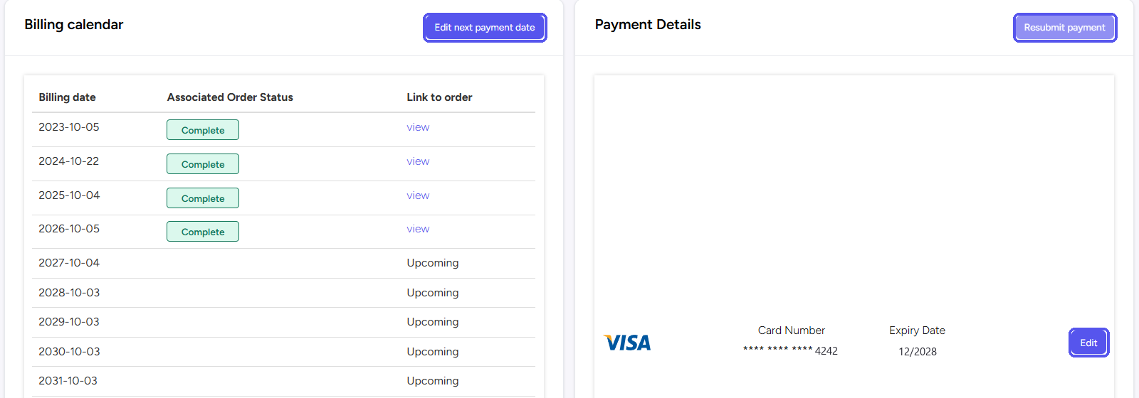 Calendrier de facturation avec les dates passées et leurs commandes, et Payment Details avec une carte type, avec Edit next payment date, Resubmit payment et le bouton Edit de la carte mis en évidence