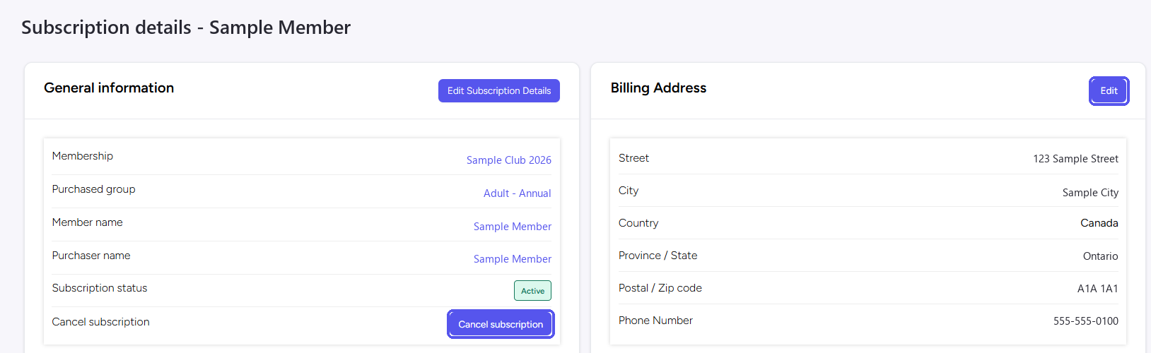 Subscription details for a sample member, with the Cancel subscription and Billing Address Edit buttons highlighted