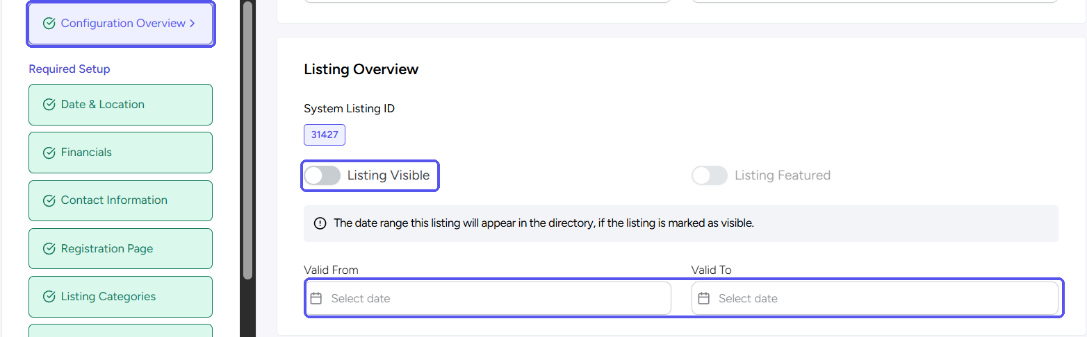 Configuration Overview in an Event Dashboard, with Listing Visible and the Valid From and Valid To dates highlighted under Listing Overview